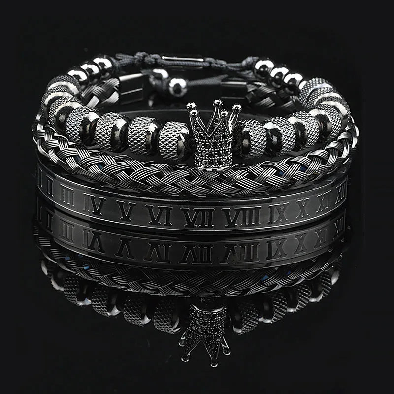 3Pcs Luxury Set Crown Charms Man Bracelet Roman Gold Women Bangles Hand Jewelry Valentine'S Day Gift Creative Bracelet