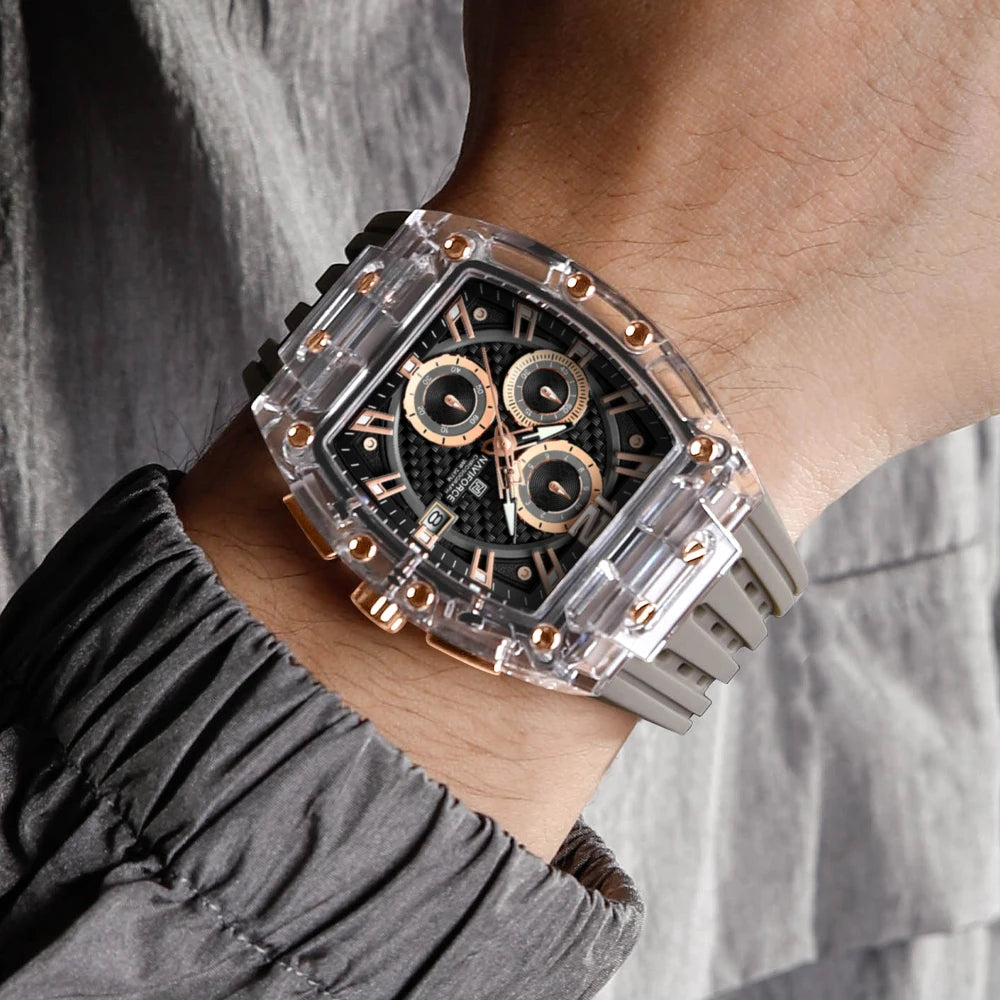 2025 New Design Transparent Tonneau Watch Men Quartz Man Watches Waterproof Luxury Sport Out Door Montre Homme