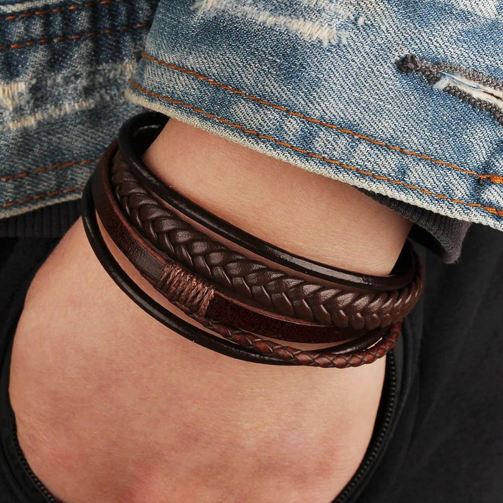 Trendy Leather Bracelets Men Stainless Steel Multilayer Braided Rope Bracelets for Male Bracelets Jewelry Pulsera Hombre